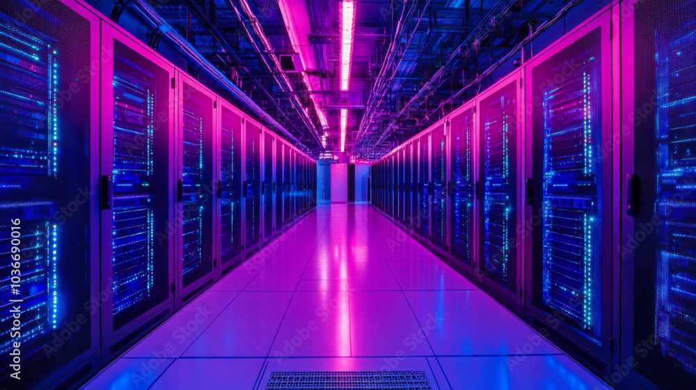 Fototapeta premium A vibrant data center with rows of servers glowing in blue and purple light, showcasing advanced technology and modern infrastructure