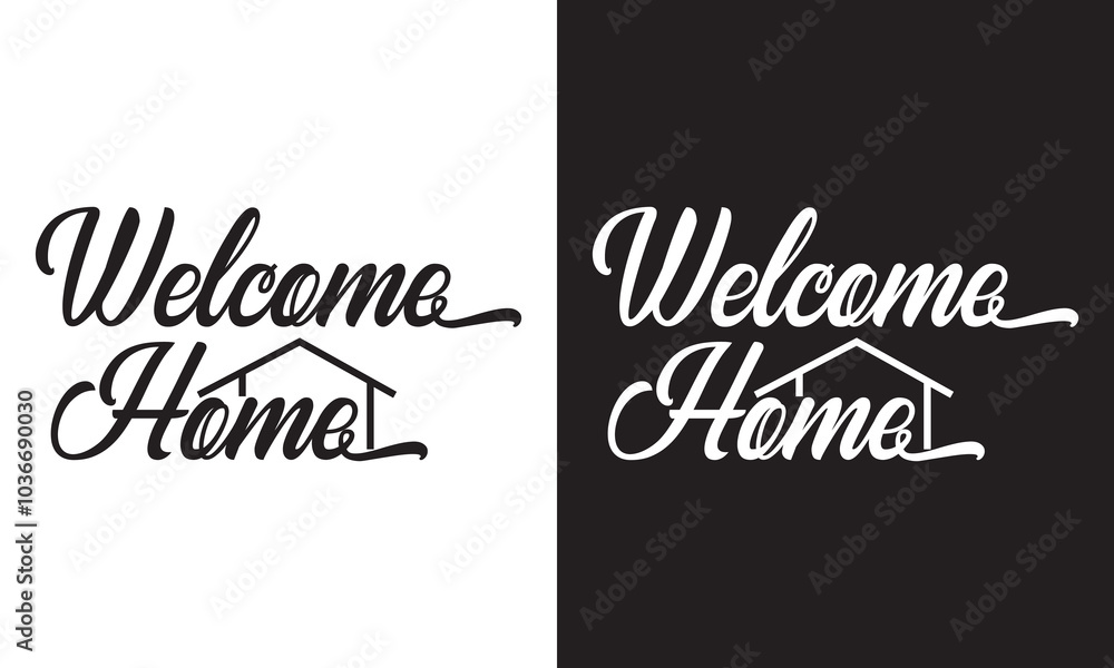 Welcome home lettering. Hand drawn modern vector calligraphy isolated on white and black . Black and white simple inscription with swashes, wavy lettering text. vector illustration. EPS 10 Welcome home lettering. Hand drawn modern vector calligraphy isolated on white and black . Black and white simple inscription with swashes, wavy lettering text. vector illustration. EPS 10