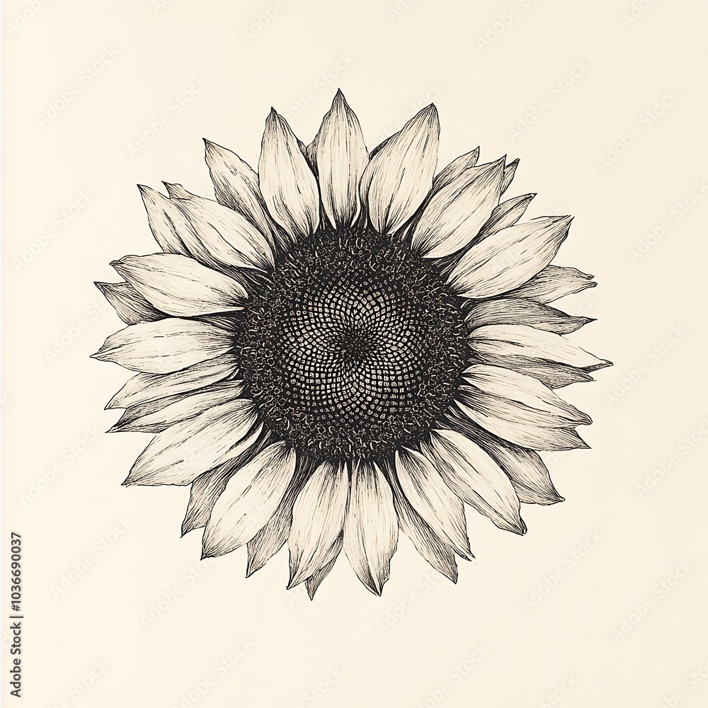 Fototapeta premium A black and white hand-drawn illustration of a sunflower with detailed petals and center.