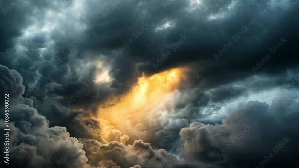 Storm and sunlight combination, with light breaking through the center of dark clouds. Storm and sunlight combination, with light breaking through the center of dark clouds.