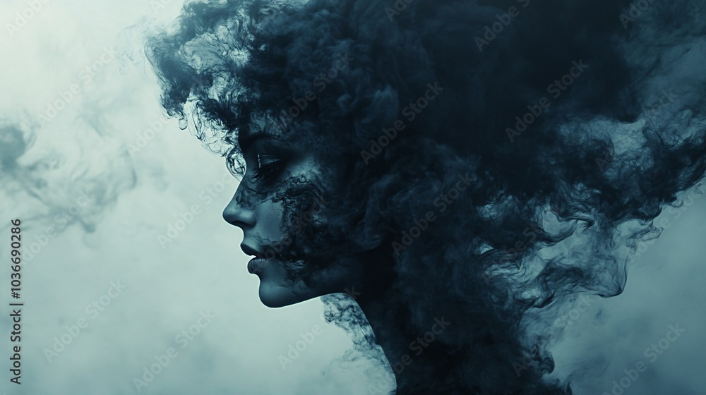 A contemplative silhouette of a woman, surrounded by swirling smoke that reflects mood and emotion, set against a moody backdrop. A contemplative silhouette of a woman, surrounded by swirling smoke that reflects mood and emotion, set against a moody backdrop.