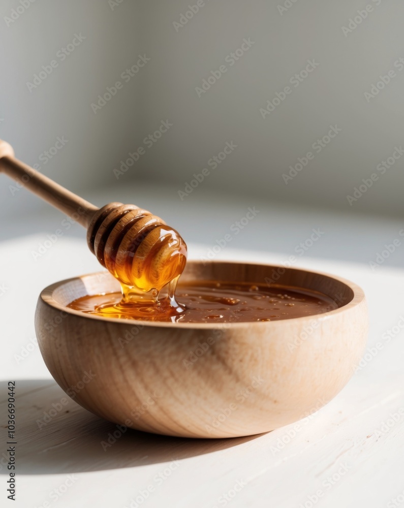 Wooden Bowl Filled with Honey and Dipper. Wooden Bowl Filled with Honey and Dipper.