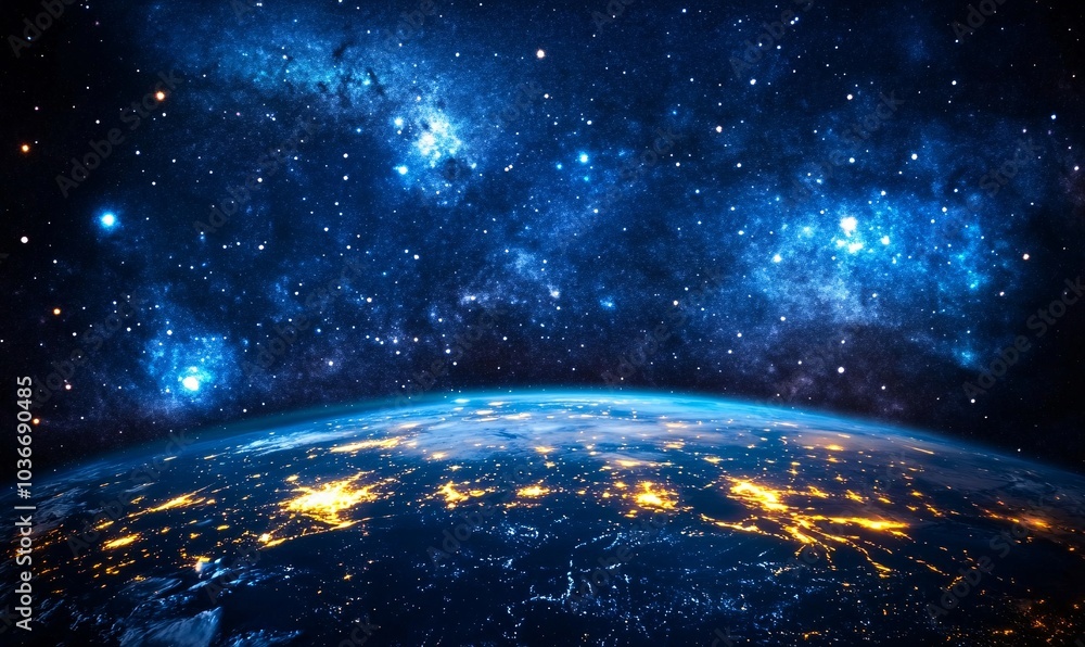 Obraz premium Stunning view of Earth from space, showcasing vibrant city lights at night against the backdrop of a starry universe. A breathtaking cosmic landscape.