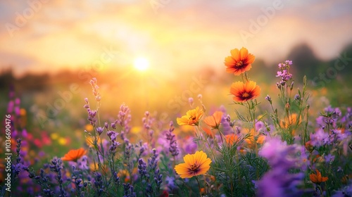 A vibrant field of wildflowers blooming under the warm glow of a sunset, showcasing a stunning blend of colors that evoke tranquility and beauty.