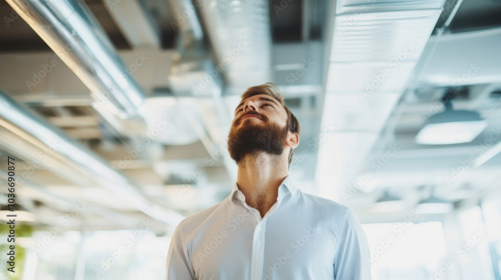 Man with beard looking up in modern office environment, showcasing relaxed and thoughtful expression. setting features industrial design elements and visible air ducts Man with beard looking up in modern office environment, showcasing relaxed and thoughtful expression. setting features industrial design elements and visible air ducts