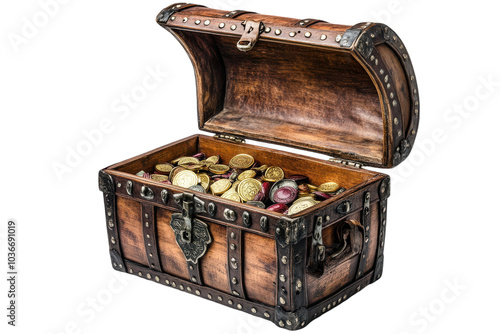 Detailed View of an Open Pirate Treasure Chest Isolated on a transparent Background for Creative Projects and Illustrations photo