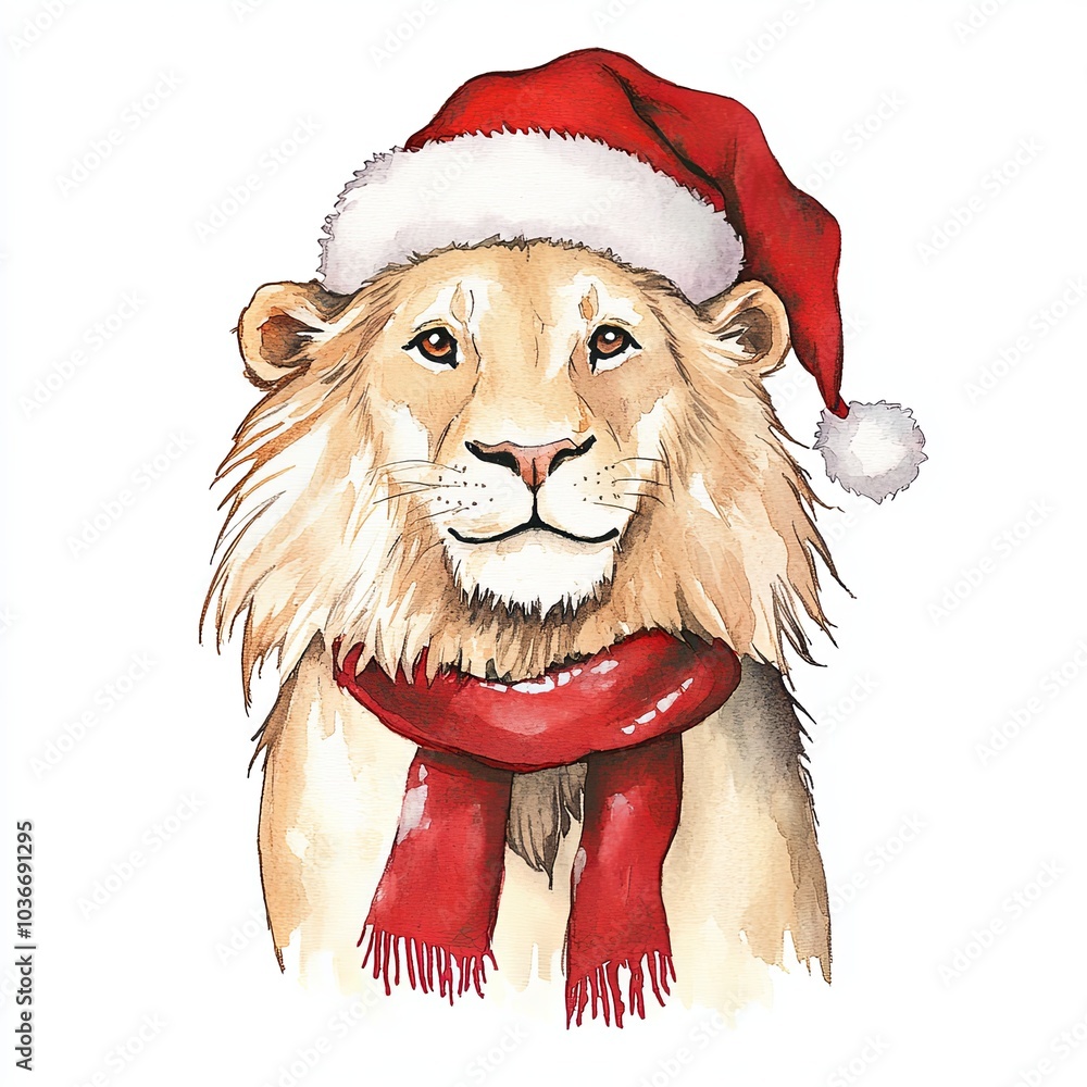 Festive lion wearing a Santa hat and scarf Festive lion wearing a Santa hat and scarf