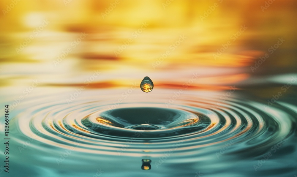 A serene image capturing a water droplet creating ripples on the surface, with a beautiful background of warm colors reflecting off the water. A serene image capturing a water droplet creating ripples on the surface, with a beautiful background of warm colors reflecting off the water.