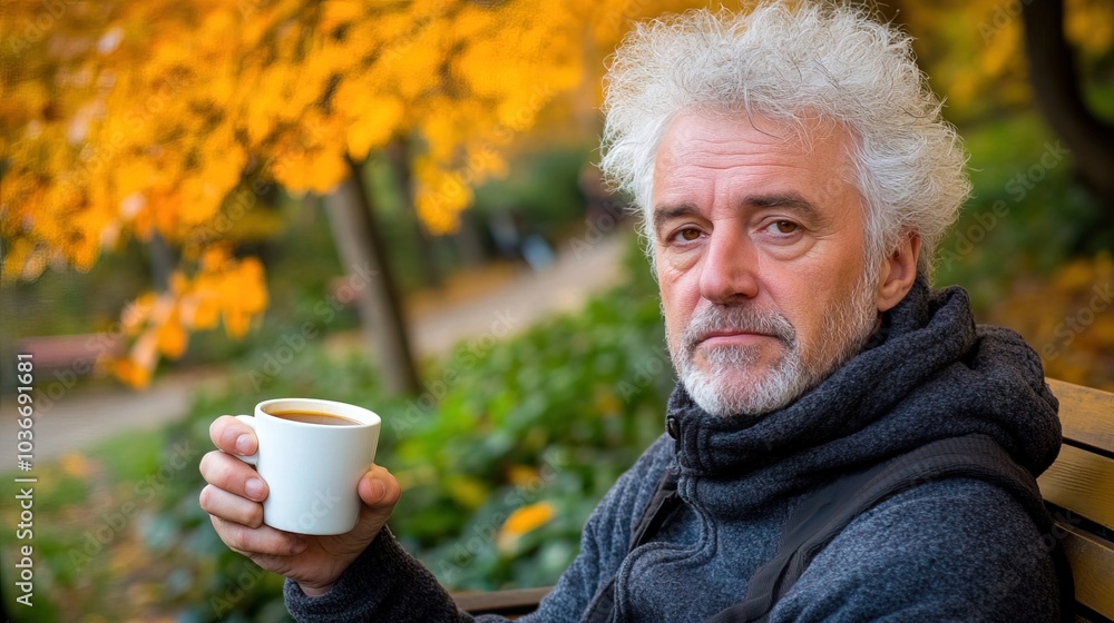 Middle-aged man with slight tremor holding cup of coffee on park bench, symbolizing struggle with Parkinson's disease, calm natural setting. Middle-aged man with slight tremor holding cup of coffee on park bench, symbolizing struggle with Parkinson's disease, calm natural setting.