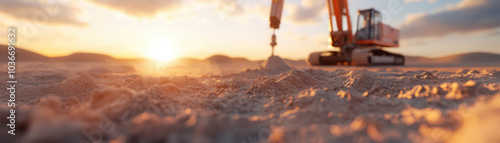 geotechnical engineer is collecting core samples in sandy landscape during sunset, showcasing machinery and natural beauty of environment