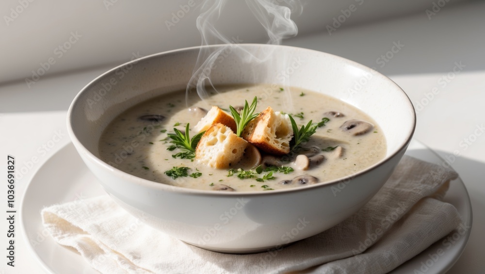 Comforting Creamy Mushroom Soup Delightfully Garnished in White Ceramic Bowl. Comforting Creamy Mushroom Soup Delightfully Garnished in White Ceramic Bowl.