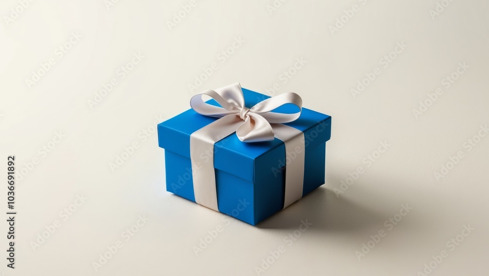The gift box is bright blue and tied with a satin ribbon on a light background. The gift box is bright blue and tied with a satin ribbon on a light background.