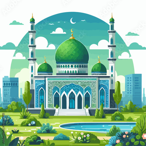 Illustration of mosque in the city and baground green