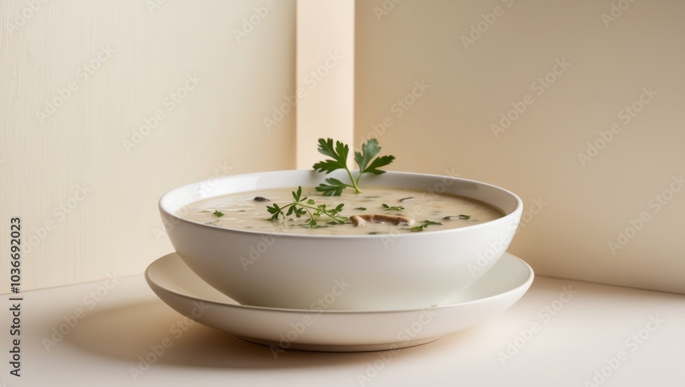 Creamy Mushroom Soup in White Bowl with Fresh Herbs. Creamy Mushroom Soup in White Bowl with Fresh Herbs.