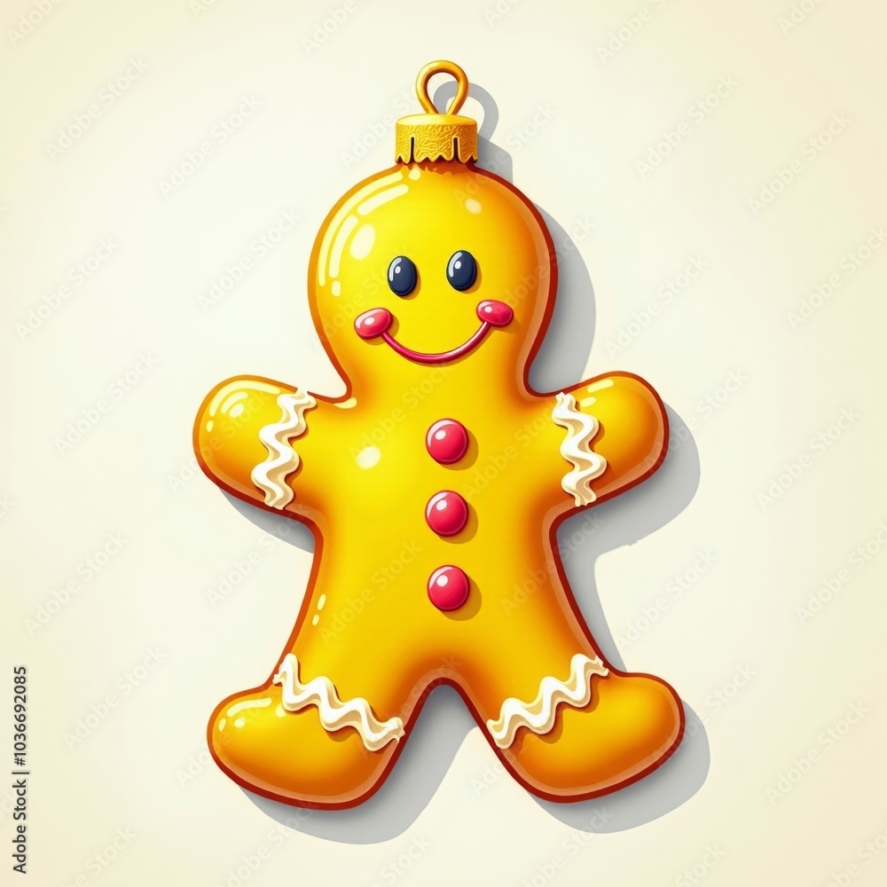 Naklejka premium Yellow gingerbread-shaped Christmas tree ornament, perfectly smooth and polished, set against a white background. A realistic and vibrant holiday decoration.