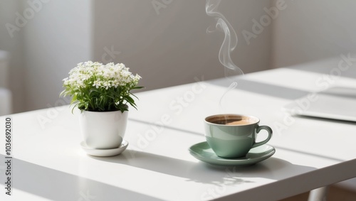 Wallpaper Mural Workspace with Plant and Coffee on a White Surface. Torontodigital.ca