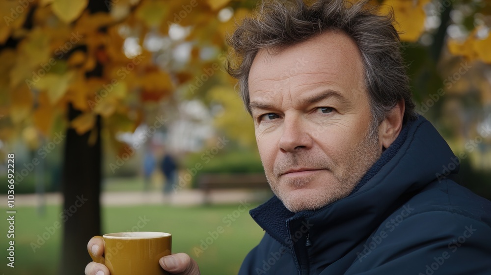Middle-aged man with slight tremor holding cup of coffee on park bench, symbolizing struggle with Parkinson's disease, calm natural setting. Middle-aged man with slight tremor holding cup of coffee on park bench, symbolizing struggle with Parkinson's disease, calm natural setting.