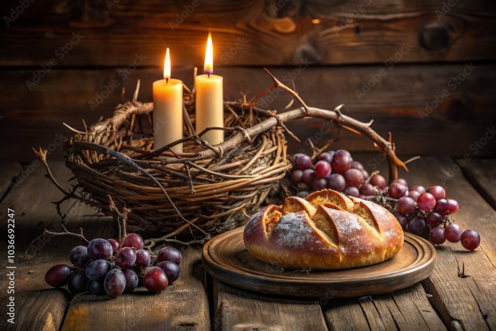 Obraz premium Rustic bread, grapes, and a vintage crown of thorns create a stunning table setting, embodying the profound themes of suffering and redemption in food photography.