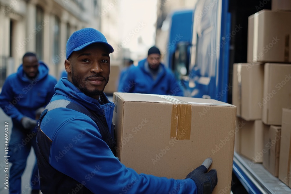 A delivery worker in a blue uniform holding a cardboard box, standing near a delivery truck with more workers in the background. This image is ideal for illustrating teamwork, courier services A delivery worker in a blue uniform holding a cardboard box, standing near a delivery truck with more workers in the background. This image is ideal for illustrating teamwork, courier services