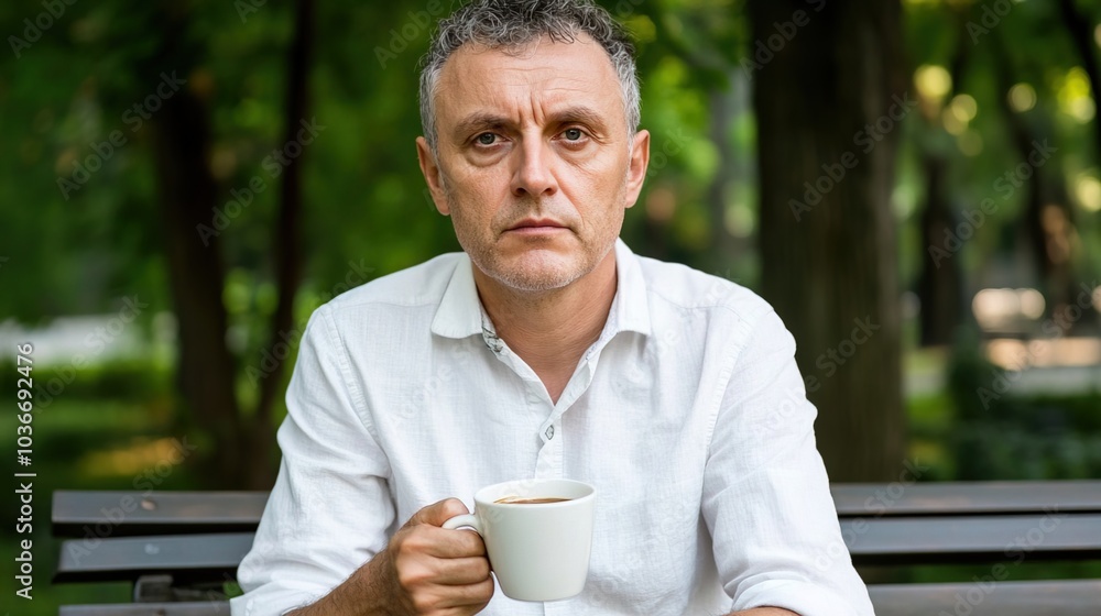 Middle-aged man with slight tremor holding cup of coffee on park bench, symbolizing struggle with Parkinson's disease, calm natural setting. Middle-aged man with slight tremor holding cup of coffee on park bench, symbolizing struggle with Parkinson's disease, calm natural setting.