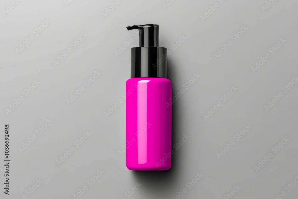 Bottle of pink liquid is sitting on a grey surface. bottle is tall and slender, with a black cap. The pink color of the bottle and the liquid inside it gives off a sense of freshness and cleanliness Bottle of pink liquid is sitting on a grey surface. bottle is tall and slender, with a black cap. The pink color of the bottle and the liquid inside it gives off a sense of freshness and cleanliness