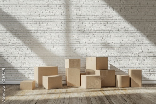 A group of variously sized cardboard boxes placed against a white brick wall, lit by natural sunlight casting shadows. This minimalist image is ideal for moving, storage, or interior concepts photo