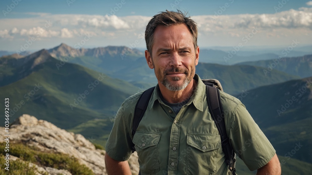 A smiling male traveler standing against the backdrop of a city, exuding a sense of adventure and exploration in an urban environment A smiling male traveler standing against the backdrop of a city, exuding a sense of adventure and exploration in an urban environment