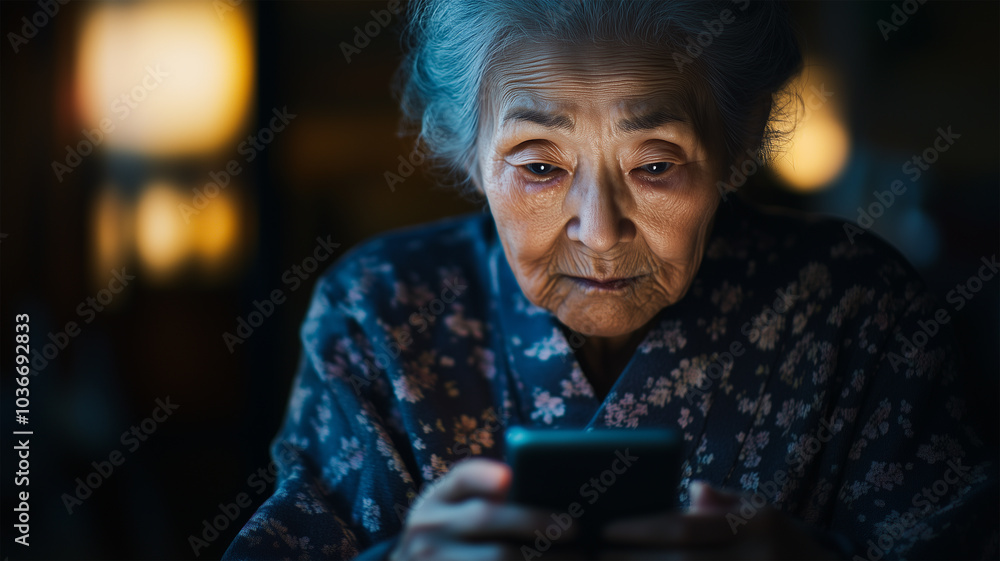 スマートフォンを使う優雅な高齢女性 スマートフォンを使う優雅な高齢女性