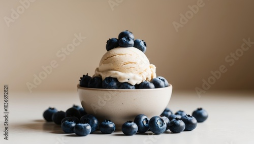 A spoonful of ice cream topped with blueberries and surrounded by a bowl of blueberries in the background. photo