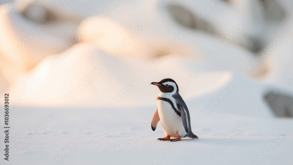 Naklejka premium A focused image of a miniature penguin amidst snow with illumination on its chest and an indistinct backdrop.