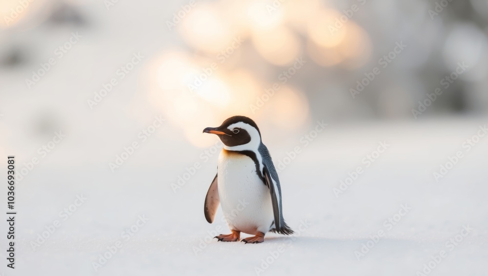 Fototapeta premium A focused image of a miniature penguin amidst snow with illumination on its chest and an indistinct backdrop.