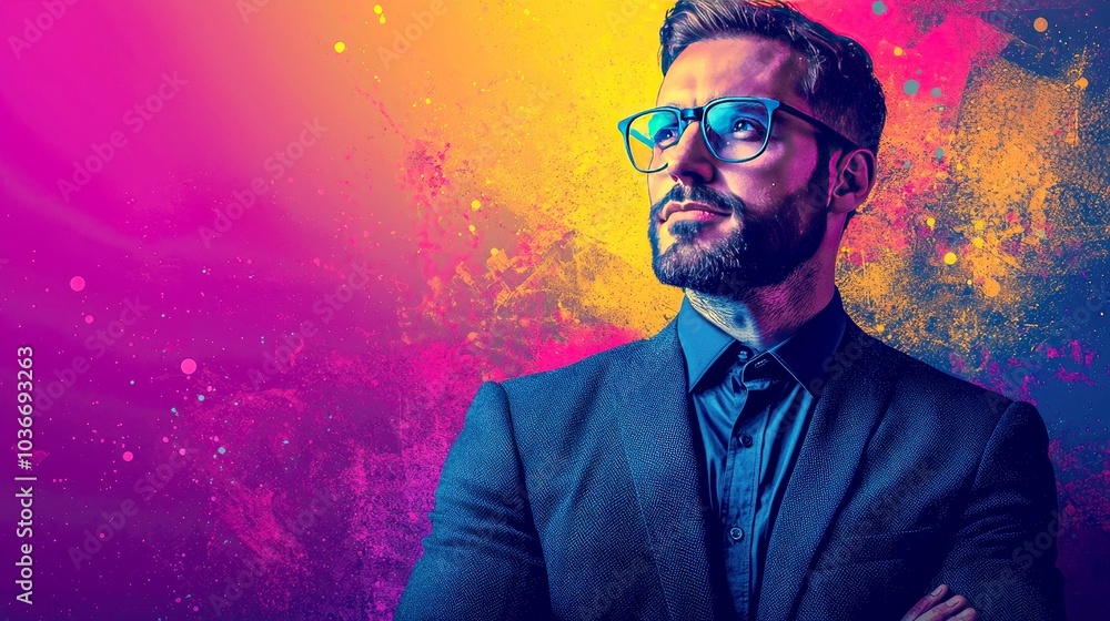 Fototapeta premium A man in a suit and glasses stands in front of a colorful background.