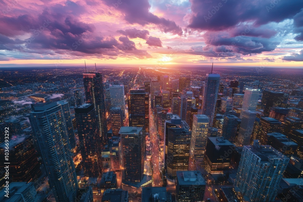 A breathtaking aerial view of a bustling modern city skyline at sunset, with towering skyscrapers, glowing lights, and sprawling streets, all under a colorful sky transitioning to night. A breathtaking aerial view of a bustling modern city skyline at sunset, with towering skyscrapers, glowing lights, and sprawling streets, all under a colorful sky transitioning to night.