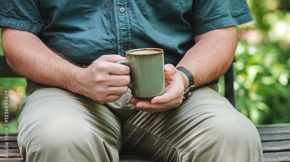 Middle-aged man with slight tremor holding cup of coffee on park bench, symbolizing struggle with Parkinson's disease, calm natural setting. Middle-aged man with slight tremor holding cup of coffee on park bench, symbolizing struggle with Parkinson's disease, calm natural setting.