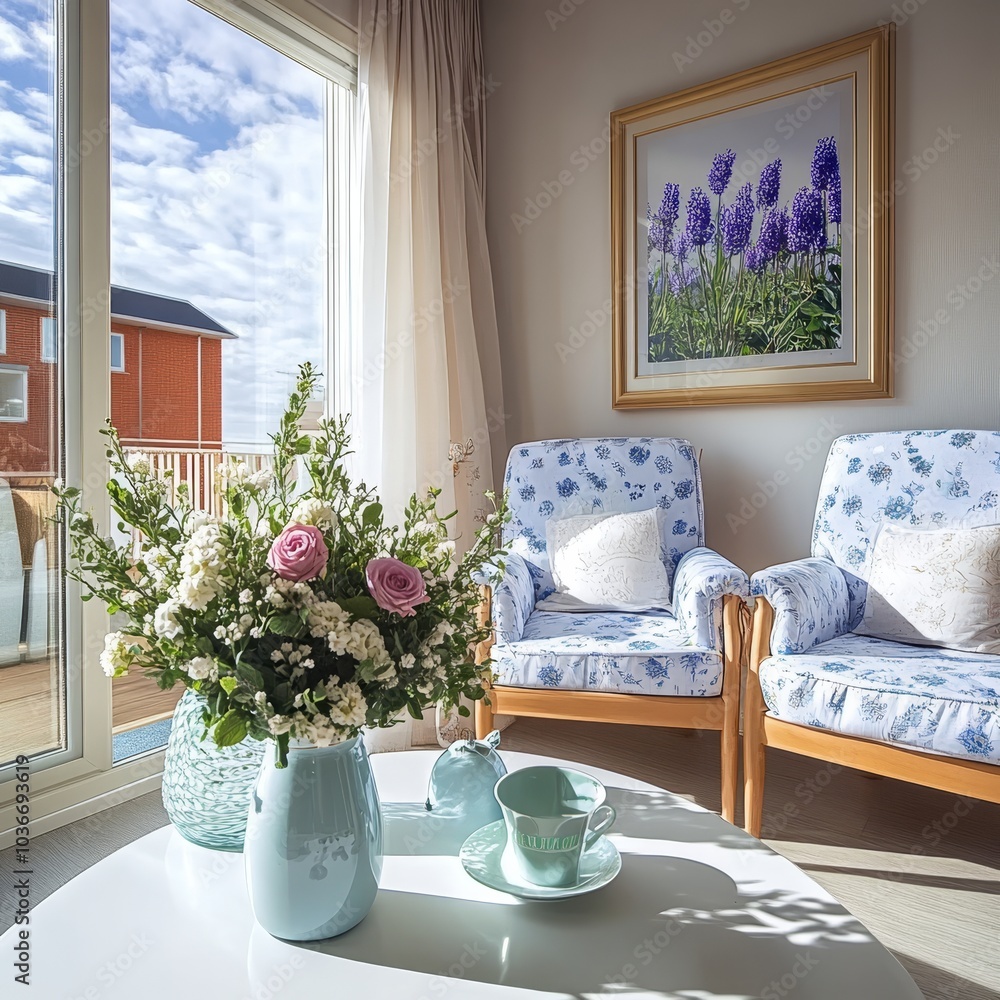 Naklejka premium Cozy Living Room Corner With Floral Bouquet, Two Armchairs by The Window. Bright Sunny Day