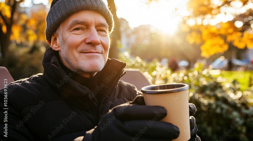 Middle-aged man with slight tremor holding cup of coffee on park bench, symbolizing struggle with Parkinson's disease, calm natural setting. Middle-aged man with slight tremor holding cup of coffee on park bench, symbolizing struggle with Parkinson's disease, calm natural setting.