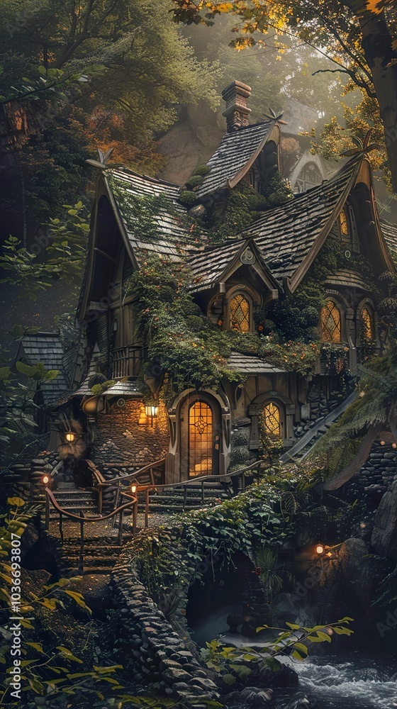 Obraz premium Enchanted Cottage in the Forest: A Magical Escape