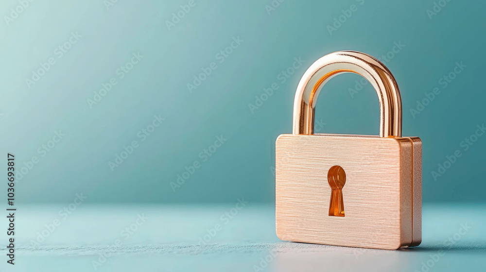 A simple, elegant padlock in gold sits against a soft blue backdrop, symbolizing strong security and trust. Perfect for conveying the concepts of safety, protection, and secure access. A simple, elegant padlock in gold sits against a soft blue backdrop, symbolizing strong security and trust. Perfect for conveying the concepts of safety, protection, and secure access.