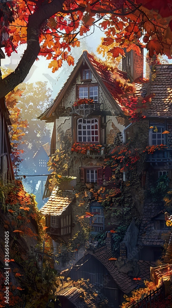 Fototapeta premium Enchanted Medieval Village in Autumn: A Dreamy Digital Illustration