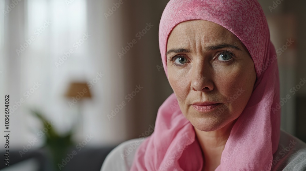 A older woman with cancer, wearing a pink scarf, looks directly into the camera Breast Cancer support A older woman with cancer, wearing a pink scarf, looks directly into the camera Breast Cancer support
