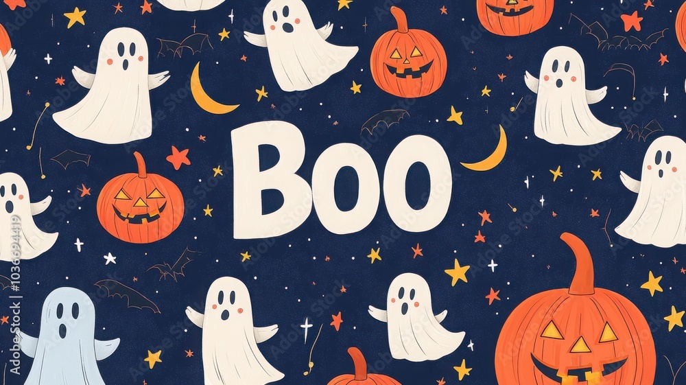 Whimsical Halloween pattern with ghosts and pumpkins on a dark background. Whimsical Halloween pattern with ghosts and pumpkins on a dark background.