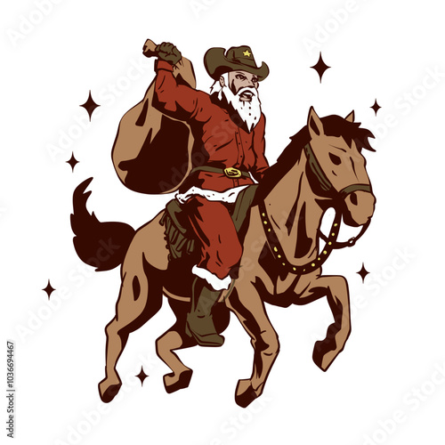 Cowboy Santa Riding Horse with Gift Bag Vector