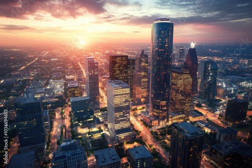 Aerial view of a bustling urban cityscape at sunset, showing modern skyscrapers, busy roads, and a vibrant metropolitan skyline, with glowing lights reflecting off glass windows and streets.