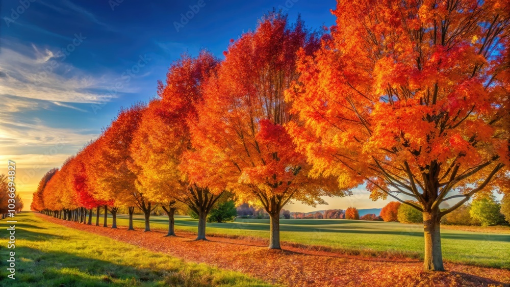 Autumn Foliage in a Row of Trees Under Blue Sky – Low Light Photography for Nature Lovers, Scenic Landscapes, Fall Colors, Tranquil Settings, and Outdoor Beauty Autumn Foliage in a Row of Trees Under Blue Sky – Low Light Photography for Nature Lovers, Scenic Landscapes, Fall Colors, Tranquil Settings, and Outdoor Beauty