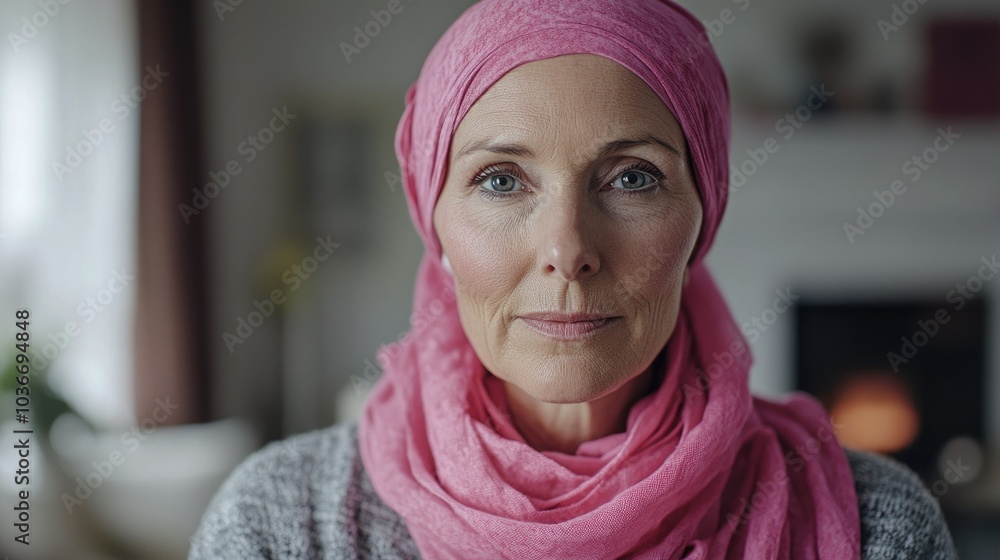 A older woman with cancer, wearing a pink scarf, looks directly into the camera Breast Cancer support A older woman with cancer, wearing a pink scarf, looks directly into the camera Breast Cancer support