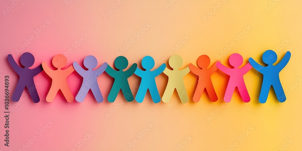 Abstract Creative Design Featuring Colorful Cut-Out Figures Forming a Pyramid, Symbolizing Teamwork, Unity, Collaboration, and Support Among Diverse Ethnicities, Set Against a Soft Background, Ideal Abstract Creative Design Featuring Colorful Cut-Out Figures Forming a Pyramid, Symbolizing Teamwork, Unity, Collaboration, and Support Among Diverse Ethnicities, Set Against a Soft Background, Ideal