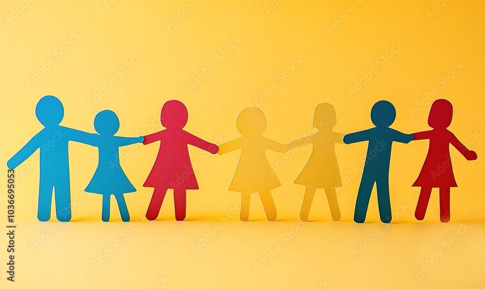 Abstract Creative Design Featuring Colorful Cut-Out Figures Forming a Pyramid, Symbolizing Teamwork, Unity, Collaboration, and Support Among Diverse Ethnicities, Set Against a Soft Background, Ideal Abstract Creative Design Featuring Colorful Cut-Out Figures Forming a Pyramid, Symbolizing Teamwork, Unity, Collaboration, and Support Among Diverse Ethnicities, Set Against a Soft Background, Ideal