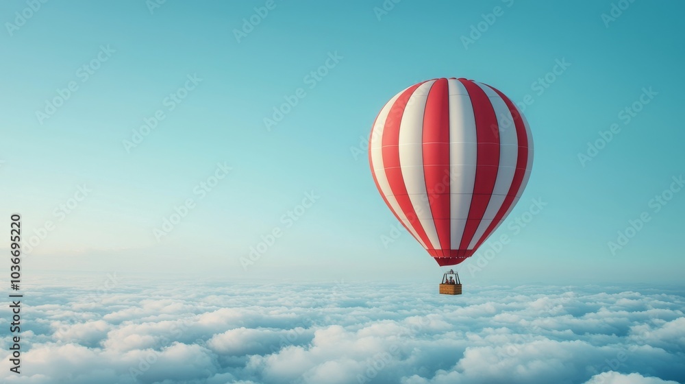 Fototapeta premium A vibrant hot air balloon floats majestically above fluffy clouds against a clear blue sky.