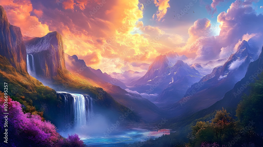 A beautiful landscape with a waterfall and mountains in the background. The sky is filled with clouds and the colors are vibrant, giving the scene a dreamy and peaceful atmosphere A beautiful landscape with a waterfall and mountains in the background. The sky is filled with clouds and the colors are vibrant, giving the scene a dreamy and peaceful atmosphere