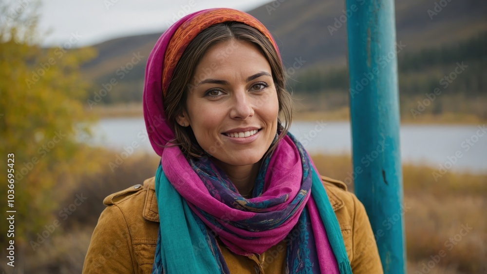 The woman is a traveler, she is happy and smiling. She has visited different parts of the world and has a life full of experience. The woman is a traveler, she is happy and smiling. She has visited different parts of the world and has a life full of experience.